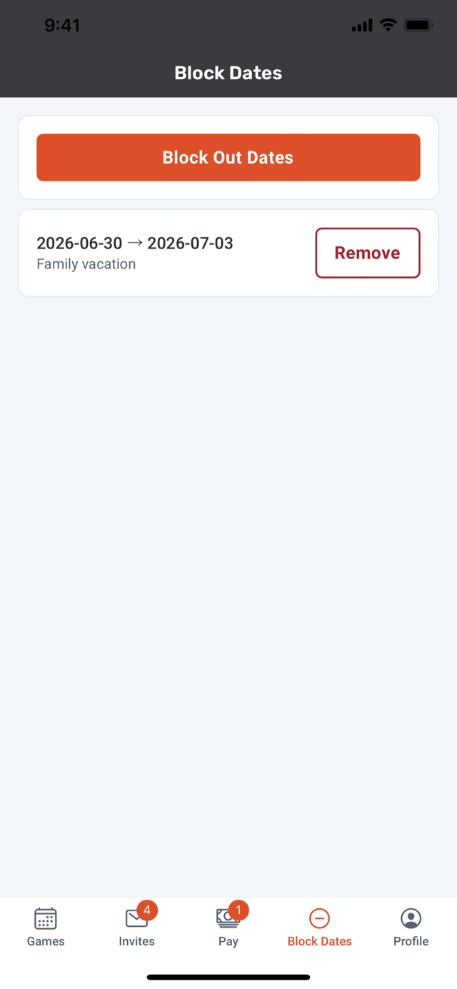 GameSource officials app on iPhone showing the availability screen for blocking dates an official can't work.