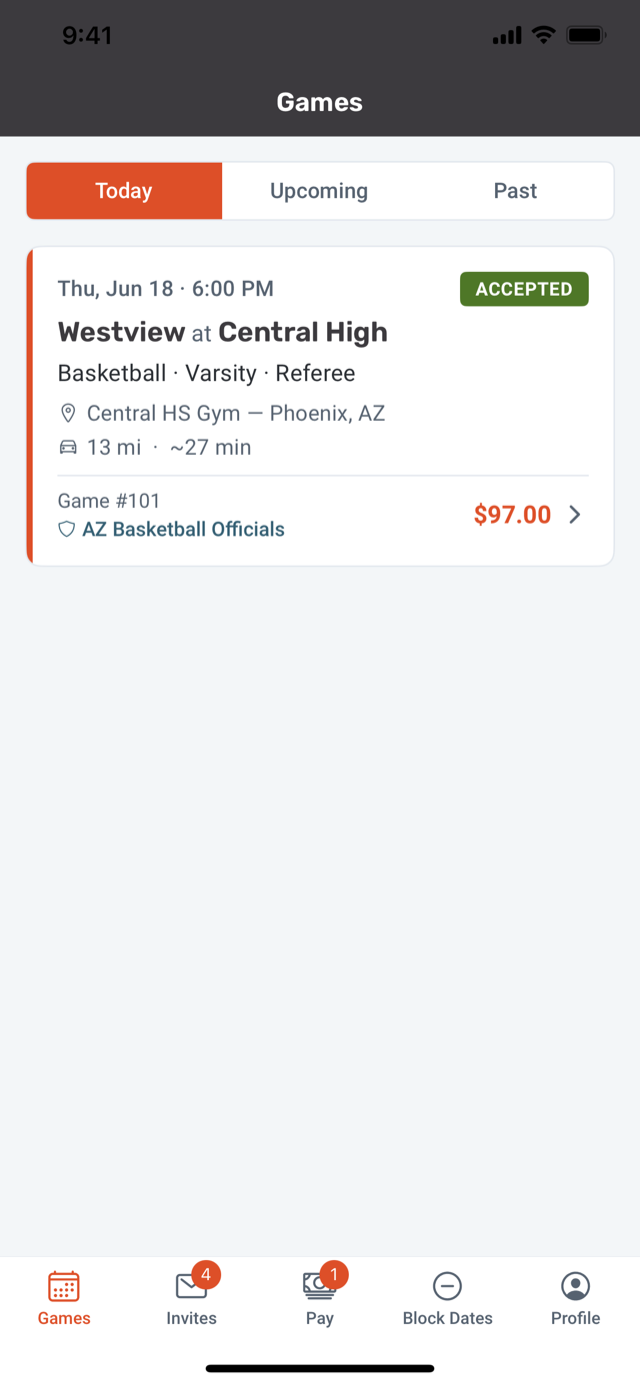 GameSource officials app on iPhone showing a list of upcoming game assignments with date, time, and location.