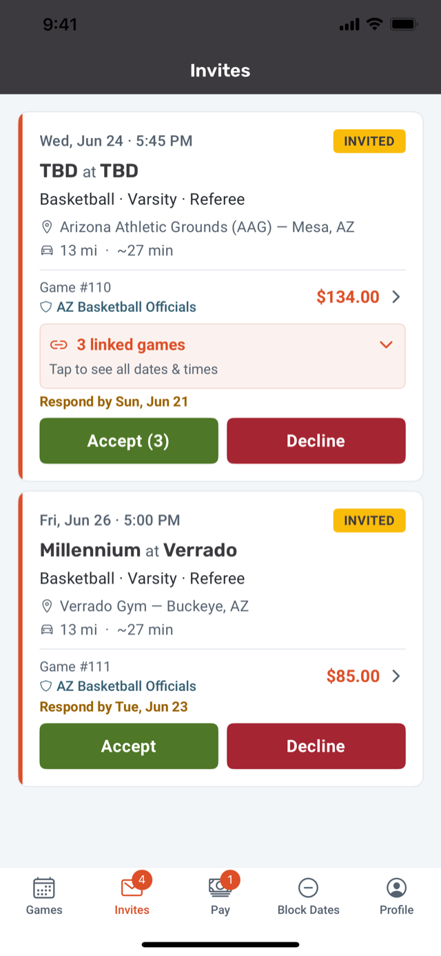 GameSource officials app on iPhone showing a game invitation with accept and decline options.