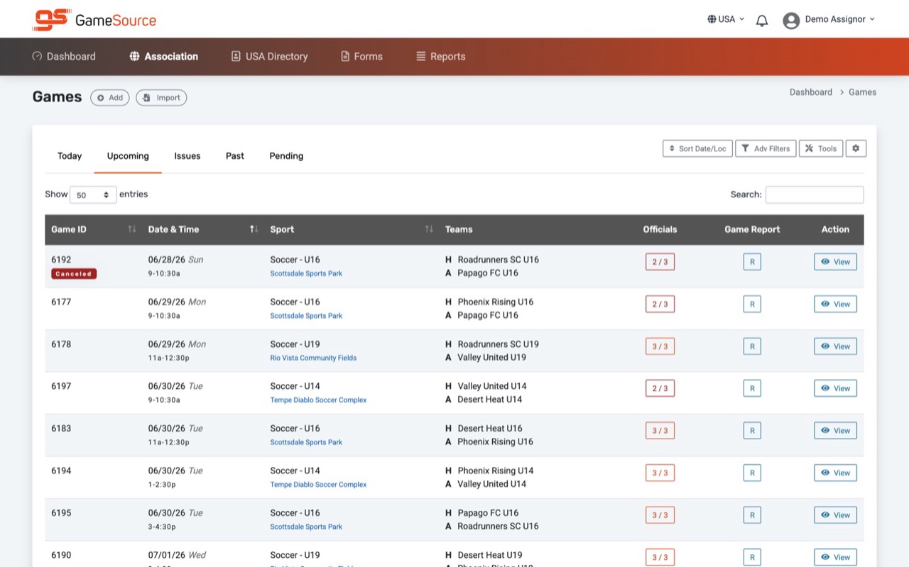 GameSource assignor view showing games, sports, teams, and how many officials are assigned to each game.